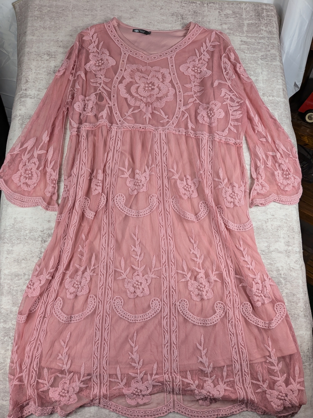 Pink Embroidered Midi Dress with Floral Lace Detailing